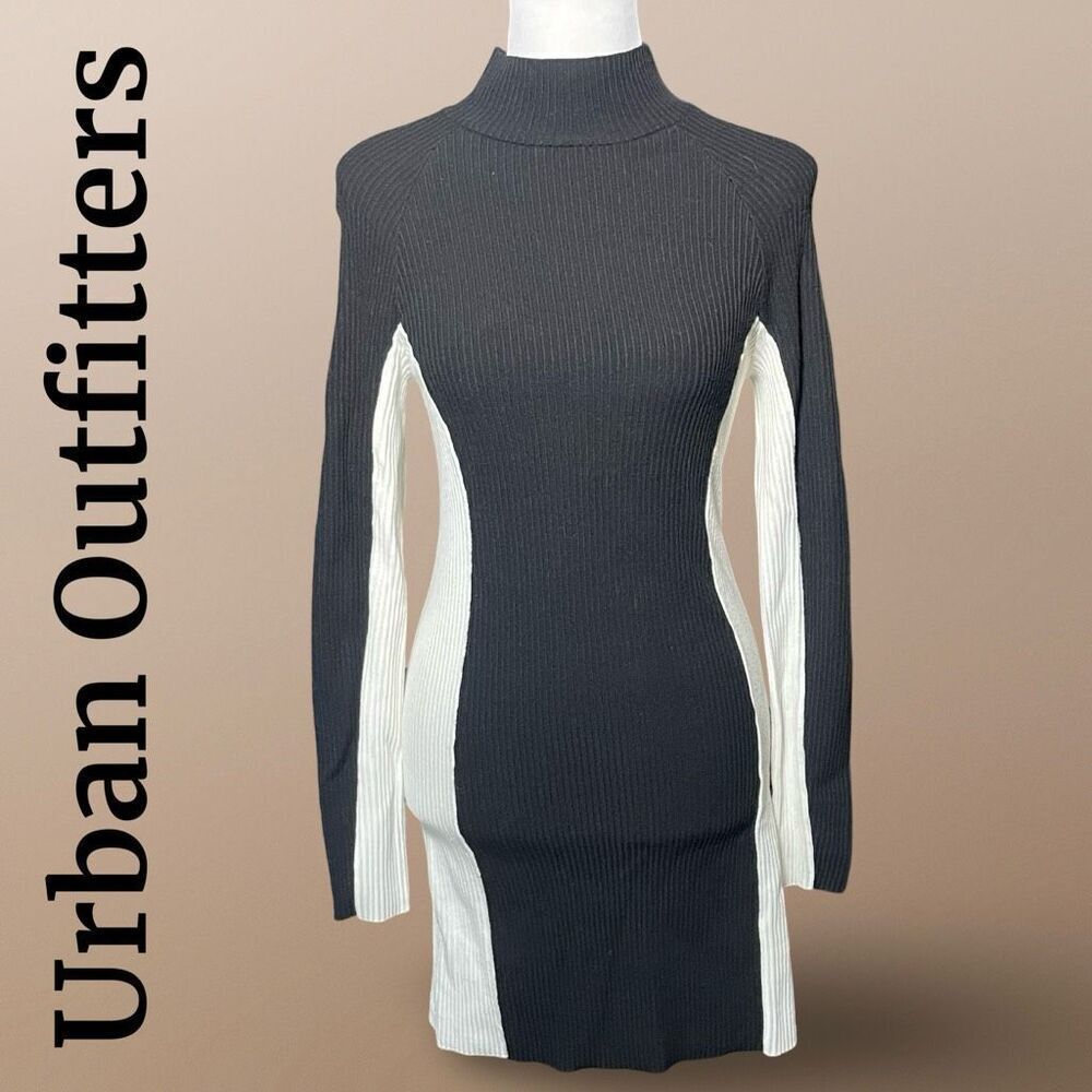 URBAN OUTFITTERS Bodycon Sweater Mock Neck Dress, Ribbed, Black & White, Size M